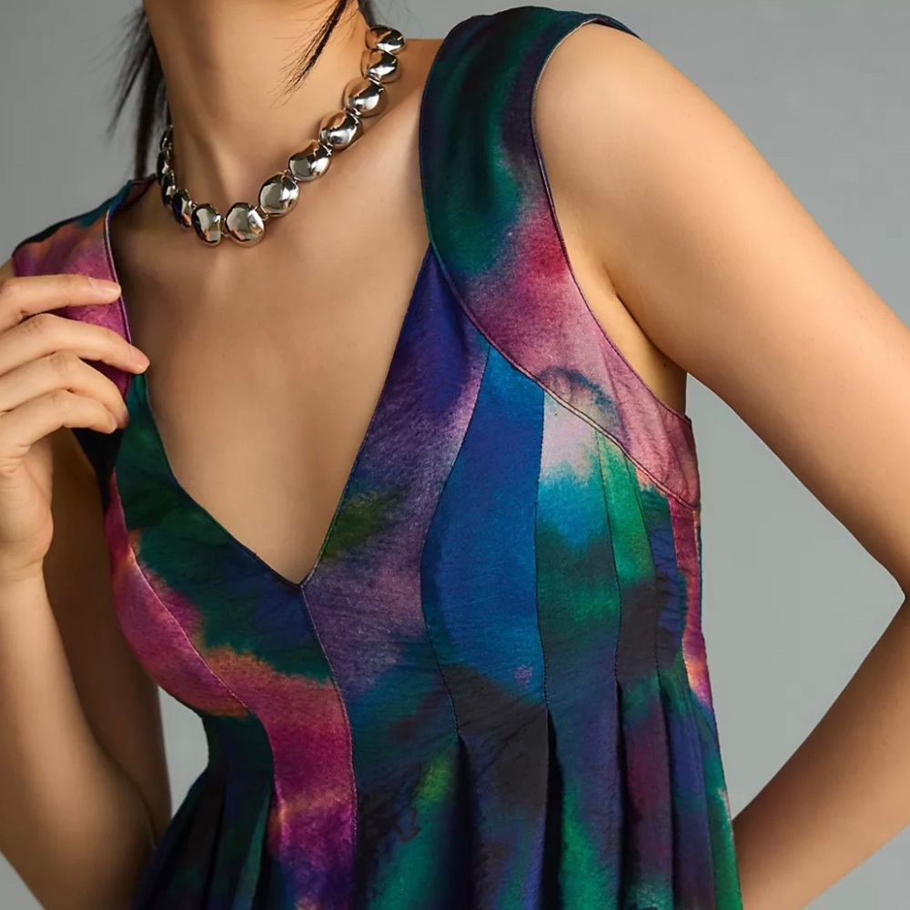 Anthropologie Printed V-Neck Pleated A-Line Dress